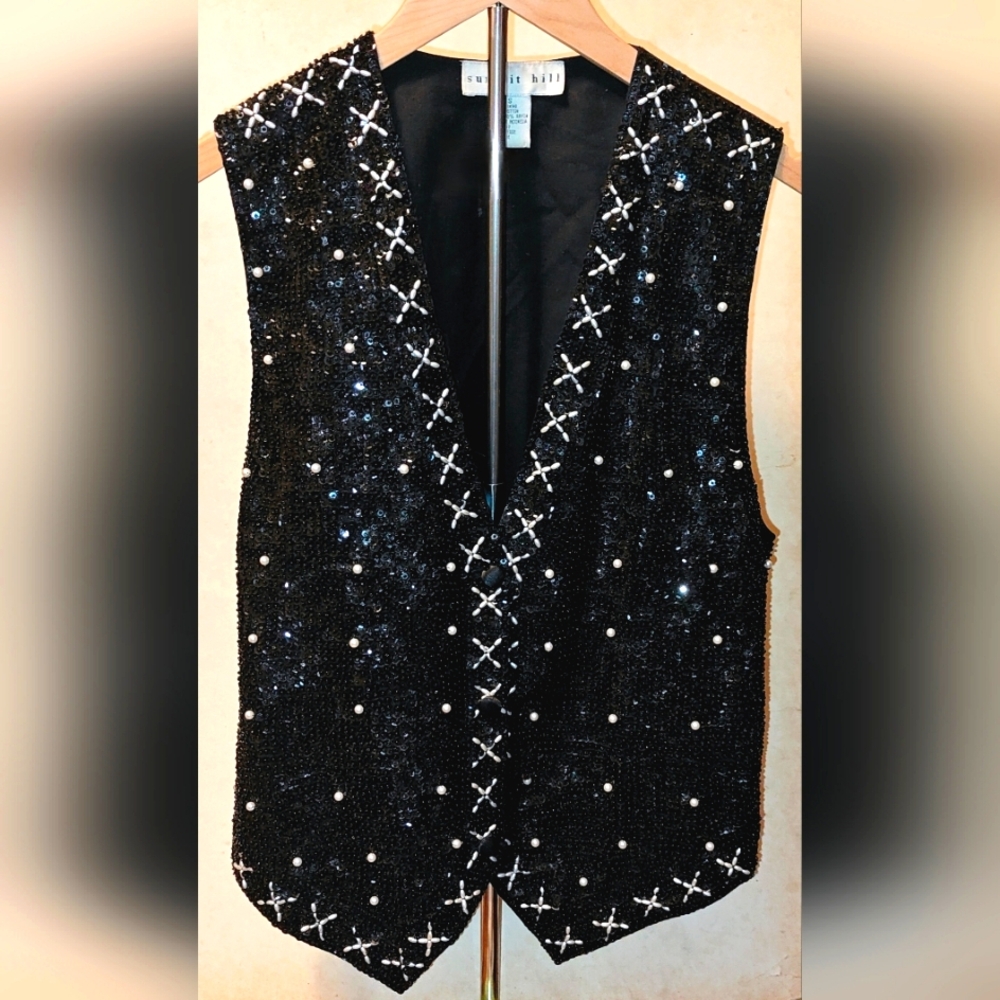 Vintage Summit Hill Black Sequined Tuxedo Vest Sz S